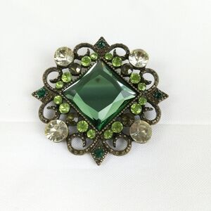Green Rhinestone Holiday Brooch Art Deco